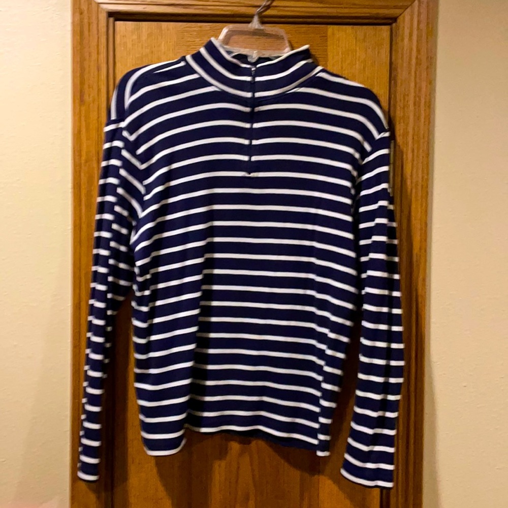 L.L. Bean Navy Blue and White Stripes 3/4 Zip Shirt